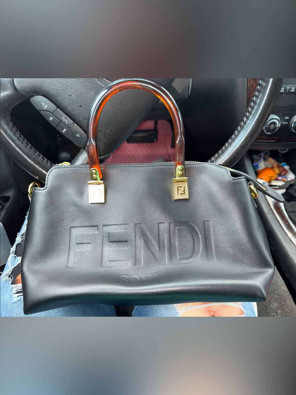 Fendi Black Leather Tote with Tortoiseshell Handles and Gold Hardware